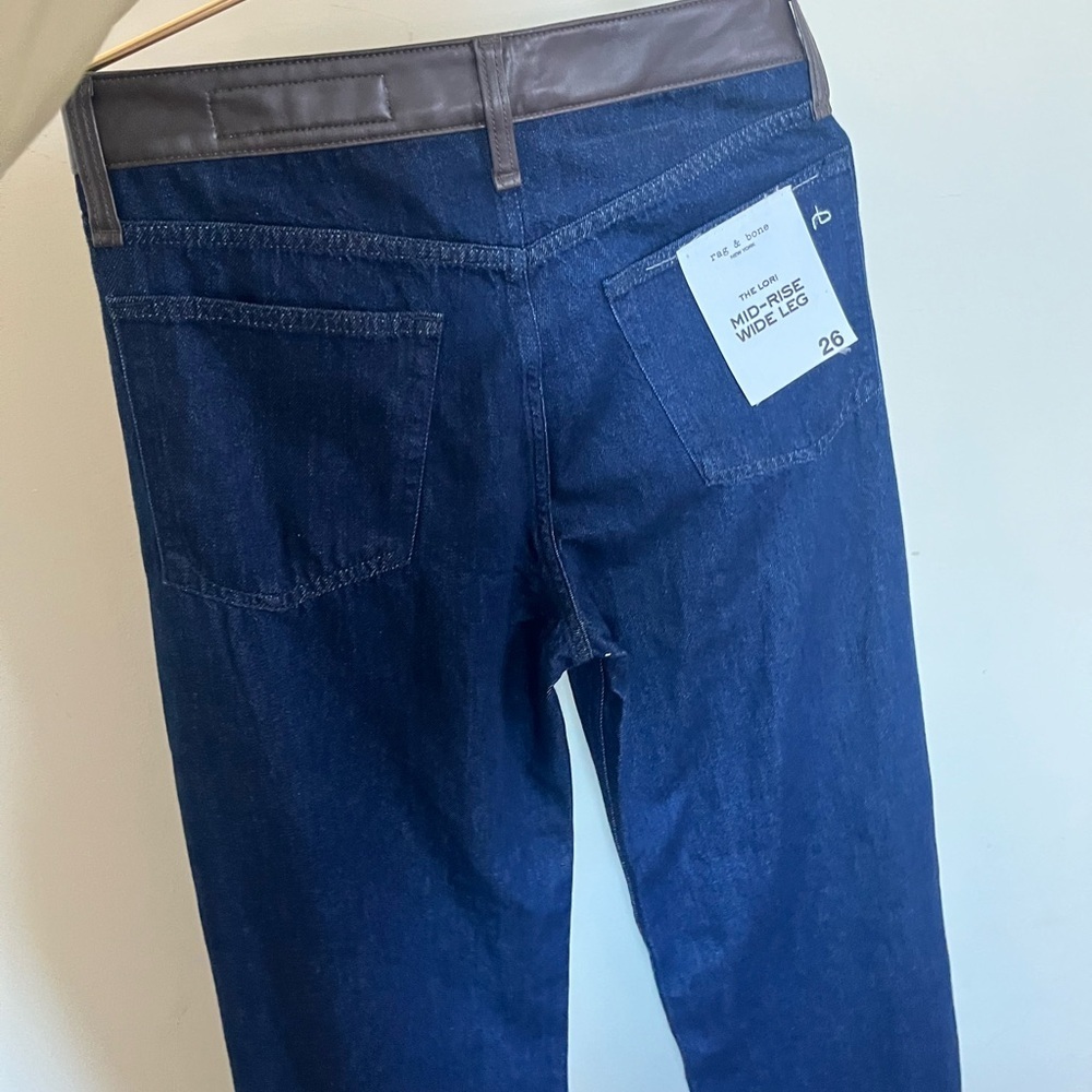 rag & bone Dark Blue wide Leg Jeans with Black Leather Lori midi size 26 cowgirl - Picture 14 of 16
